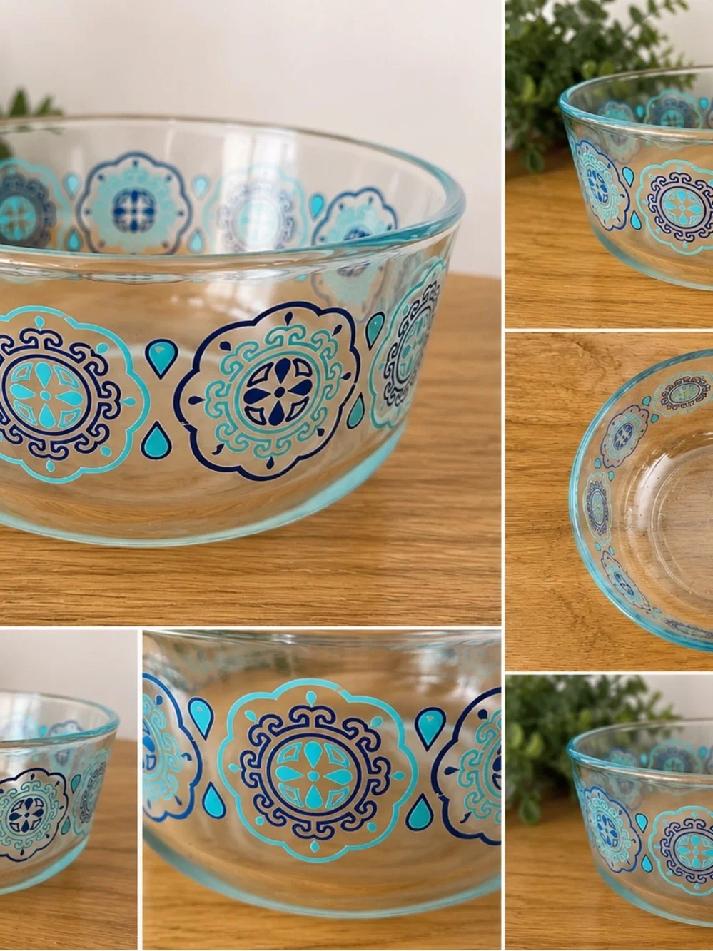Pyrex Glass Mixing Bowl with Blue and Teal Medallion Pattern